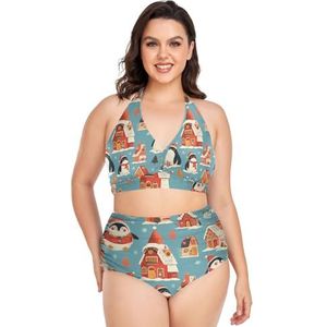 Kerst Sneeuwvlok Leuke Pinguïns Vrouwen Bikini Sets Plus Size Badpak Twee Stukken Hoge Taille Strandkleding Meisjes Badpakken, Pop Fashon, 4XL