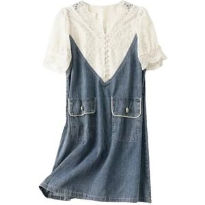 Dvbfufv Vrouwen Hollow Lace Patchwork Denim Jurk Vrouwen Zomer Trend Eenvoudige Losse Zakken V-hals Korte Mouw Midi Jurk, Blauw, S