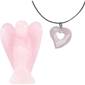 Kristal Rozenkwarts Gesneden Guardian Angel Ornament, Rozenkwarts Hart Hangende Ketting met Zwart Lederen Koord voor Renki Crystal Healing