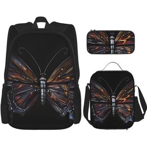 AthuAh Mystery Butterfly rugzak & meisjes jongens rugzak met lunchtas en etui 3-delige set voor wandelen, school, uitstapjes, Zwart, Eén maat