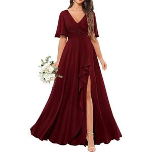 Chiffon bruidsmeisjesjurken voor dames, met spleetplooien, formele avondjurken, grote maten, Bordeaux, 32