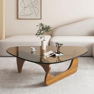 PRITIY Moderne glazen salontafel, in de stijl uit het midden van de eeuw, geschikt voor de woonkamer, driehoekige salontafel, ovale kleine middentafel voor kleine ruimtes, unieke abstracte lage
