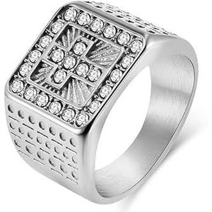 ForTitanium staal vergulde 18K gouden kruis volledige diamanten ring hiphop gepersonaliseerde draagbare handsieraden (Color : Steel, Size : 9#)