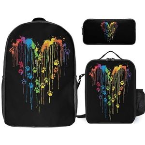 Tie Dye Kleurrijke Hondenpoot Hart Grappig 17 Inch Laptop Rugzak Lunch Tas Potlood Case Lichtgewicht 3-delige Set voor Reizen Wandelen Camping