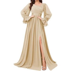 HPPEE Bruidsmeisjesjurken met lange mouwen en split geplooide chiffon formele avondjurk feestjurk, Champagne, 32