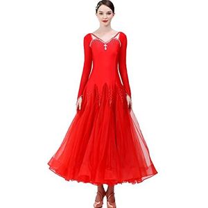 Yhsgscr Ballroomjurken met V hals voor dames Flamenco grote A lijn rok Elastisch en ademend Foxtrot danskleding Moderne danskleding voor volwassenen,Rood,3XL