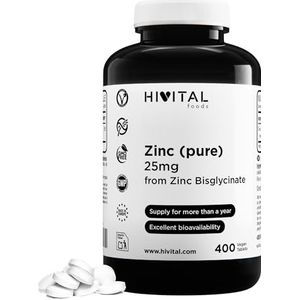 Zink 25 mg uit Zinkbisglycinaat. 400 veganistische tabletten voor meer dan 1 jaar behandeling. Topkwaliteit elementair zink. Gefabriceerd in Europa door HIVITAL