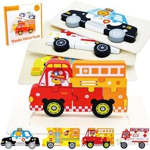 Dr. MUYA Montessori Houten puzzel voor kinderen van 2 tot 5 jaar, educatief houten speelgoed, 4 stuks, brandweerauto, politieauto, cadeau voor jongens
