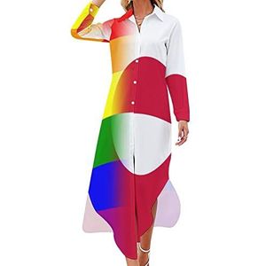 LGBT Pride Greenland Flag Maxi-jurk voor dames, lange mouwen, knoopjurk, casual feestjurk, lange jurk, 2XL