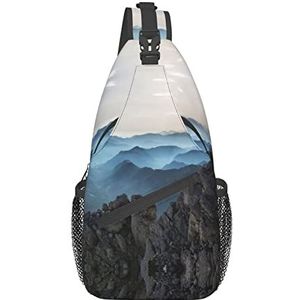 RVENU Rock Mountain Gedrukt Sling Bag Cross Borst Tas Diagonaal Mode Reizen Wandelen Schouder Rugzak Multifunctionele Satchel Unisex, Zwart, One Size