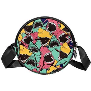 Messenger Bag Geel Roze Groen Shark Patroon Crossbody Tas voor Vrouwen Rond, Meerkleurig, 6.7x6.7x2.3 in, Sling Rugzakken