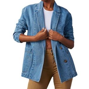 Dames Denim Jassen Button-down Jean Blazer Business Casual Y2k Mode Lange Mouwen Werk Kantoorjas Slim Fit Harajuku Klassiek Elegant Effen Gewassen Denim Blazer(XL)