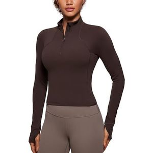 CRZ YOGA Vrouwen Butterleuse 1/2 Rits Lange Mouw Shirt Sport Pullover Crop Tops Fitness Gym Running Sweatshirt met Duimgat Hot Fudge Bruin S