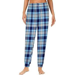 Blauwe buffelplaid dames pyjama lounge broek elastische tailleband nachtkleding bodems print