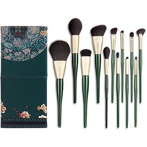 MQPALZKD Groene make-upborstelset met houten handvat 12-delige make-upborstels Complete set make-upborstels