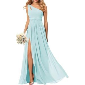 SAMHO Avondjurk met één schouder voor dames, chiffon, bruidsmeisjesjurk met zakken, lang, geplooid, A-lijn, split, Lichtblauw, 32