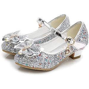 Kerst Schoenen Prinses kinderen lederen schoenen for meisjes bloem casual glitter kinderen hoge hak meisjes schoenen vlinder knoop blauw roze zilver Kerst Elf Schoenen (Color : 116-2 Silver, Size :