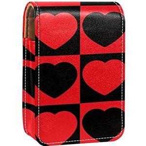 Rood Zwart Liefde Hart Mozaïek Vierkante Lipgloss Houder Lippenstift Case Draagbare Mini Lipstick Opbergdoos Reizen Lipstick Organizer Case met Spiegel voor Vrouwen, Meerkleurig, 9.5x2x7 cm/3.7x0.8x2.7 in