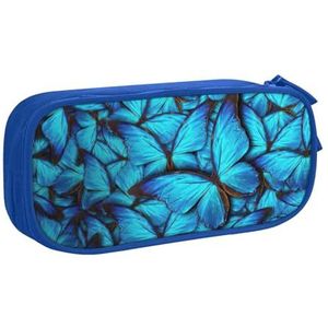 Yyoretp Grote Capaciteit Veel Blauwe Vlinder Print Potlood Case, Dubbellaags Rits Make-up Pouch Potlood Box Organizer., Blauw, Eén maat, Beauty Case