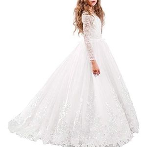 FYMNSI Bloem Meisje Jurk Kid Elegante Kant Tule Prinses Lange Jurk Junior Bruidsmeisje Bruiloft Tutu Maxi Jurk Eerste Communie Pageant Doopceremonie Formele gelegenheid Floor Lengte Jurken, Wit, 8-9 jaar