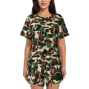 YQxwJL Camouflage Groene Print Vrouwen Pyjama Sets Shorts Korte Mouw Lounge Sets Nachtkleding Casual Pjs Met Zakken, Zwart, L