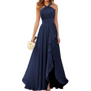 Halter Prinses Bruidsmeisjes Jurken Geplooide Galajurken Ruche Chiffon Split Formele Avond Party Gown ZM212, Donkerblauw, 32
