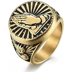 Sieraden Biddende handen roestvrijstalen ring Ring for titanium staal verguld 18K goud Biddende handen herenring (Color : Golden, Size : 11#)