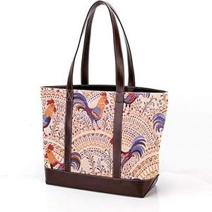 Laptop Tote tas met schattige haan kippen in beige bloemen Ornament,Draagtassen Casual Canvas Business Werk Tote tas Aktetas voor Computer School Office