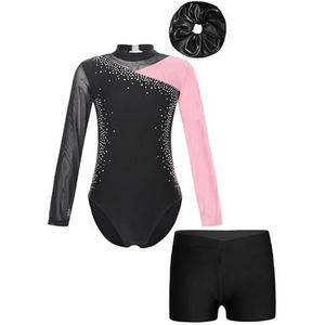 NUOYIXUAN Gymnastiekpak voor meisjes, schaatspak met lange mouwen met kleurblokken, tutu voor kinderen, balletpak met shorts, roze, 14