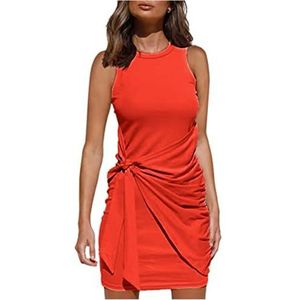 YYUHNGBN Dames Casual Mouwloze Ronde Hals Bodycon Beach Tank Ruched Mini Dresses,Watermelon red,L