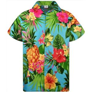 King Kameha Funky Hawaïhemd voor heren, korte mouwen, voorzak, party, palmbladeren, ananasprint, Ananas-turquoise, XS