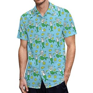 Kat zeemeermin heren Hawaiiaanse shirts korte mouw casual shirt button down vakantie strand shirts 2XL