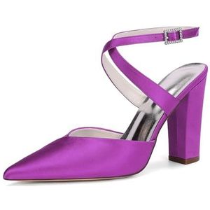 KYEGLO Dames Sandalen Met Spitse Neus En Bandjes, Gesloten Neus, Satijn, Dikke Hak - Sexy Stijl, Perfect Voor Bruiloften En Bruidsfeesten,Purper,36 EU