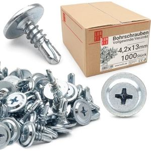 Lun Fix Boorschroeven 4,2 x 13 mm 1000 stuks zelfborende, zelftappende schroeven, met grote gebogen kop, zelftappende plaatschroeven, kruiskop, metalen schroeven