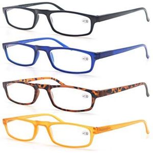 MODFANS Een verpakking met vier leesbrillen voor mannen en vrouwen, heldere glazen, helder zicht, modieus, praktisch, licht, comfortabel, zwart, blauw, bruin, geel, Gemengde kleuren, 1.75 Dioptrías