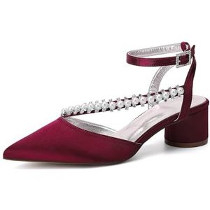 KYEGLO Vrouwelijke Bruidsschoenen Met Spitse Neus En Gesp-Enkelbandje, Satijnen Gesloten Neus Met Bandjes En Parel Voor Bruiden Op Avondfeesten,Burgundy,36