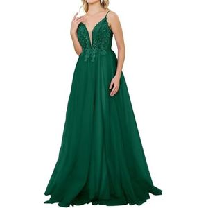 HPPEE Spaghetti Strap V-hals Tule Galajurken met Kant Applique A-lijn Formele Avondjurk, Emerald Groen, 32