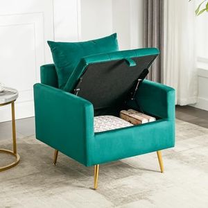 VSOGA Moderne, minimalistische fluwelen stoel, fauteuil, poef met opbergruimte, decoratief kussen en armleuningen, loungestoel met gouden metalen poten