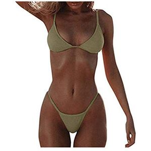 KaloryWee Vrouwen Sexy Bikini Set Effen Kleur Badmode Bandage Driehoek Tops En String Hoge Taille Slips Strand Badpak, Groen, M