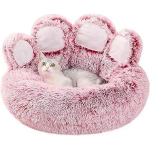 RUYICZB Bear Paw Shape Pet Round Bed, Calming Donut Dog Bed Anti Anxiety, Self Warming Faux Fur Cat Bed Long Plush Pet Sofa, Comfy And Cosy Doggie Bed Wasbaar Met Bolster,Roze,L