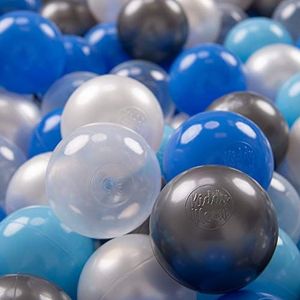 KiddyMoon 100 ∅ 7cm kinderballen speelballen voor ballenbad baby plastic ballen made in eu, parel/blauw/babyblauw/transparant/zilver