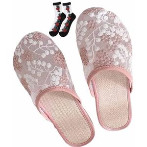 Chinese mesh pantoffels for dames Bloemen ademende Chinese mesh flats pantoffels for dames met sokken(Color:Pink,Size:39 EU)