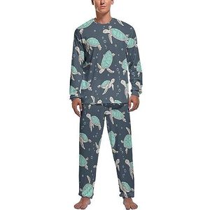 Zeeschildpadden groene zachte heren pyjama set comfortabele lange mouwen loungewear top en broek geschenken 2XL