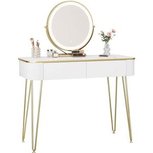 EUGAD 0057SZT Make-uptafel met ledverlichting, instelbare helderheid, kaptafel met spiegel, 3 kleuren, kaptafel met 2 houten laden, met metalen poten, 100 x 40 cm, modern, wit/goud