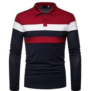 Poloshirt met lange mouwen voor heren, gestreept T-shirt, contrasterende kleur, knoopsluiting, golf, rugby, herenmode, poloshirts, shirts, patchwork, lange mouwen, poloshirts, katoenen T-shirt, A-rood, XL