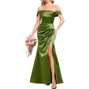 YIANN Satijnen baljurken met split voor dames, mouwloos, lang, formele avondjurk, Olijfgroen, 32
