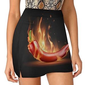 Realistische Hot Rode Peper in Flame Vrouwen Skorts Hoge Taille Tennisrok Gelaagde Korte Mini Rok Culottes Skorts Met Zakken L