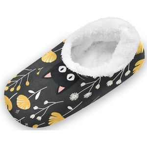 KAAVIYO Zwarte kat gele bloem outdoor slippers katoenen huisschoenen gesloten rug winter antislip pluizige voeten pantoffels voor indoor jongens vrouwen, Patroon, X-Large