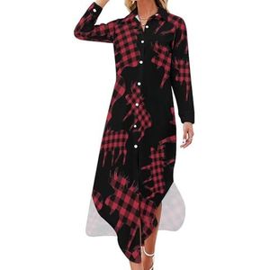 Plaid Moose Lumberjack Rood Zwart Dames Maxi-jurk Lange Mouw Knopen Shirt Jurk Casual Party Lange Jurken L