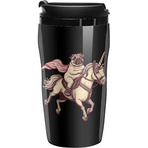 Mopshond Paardrijden Eenhoorn Koffie Mok met Deksel Dubbele Muur Water Fles Reizen Tumbler Thee Cup voor Warm/Ijs Drank